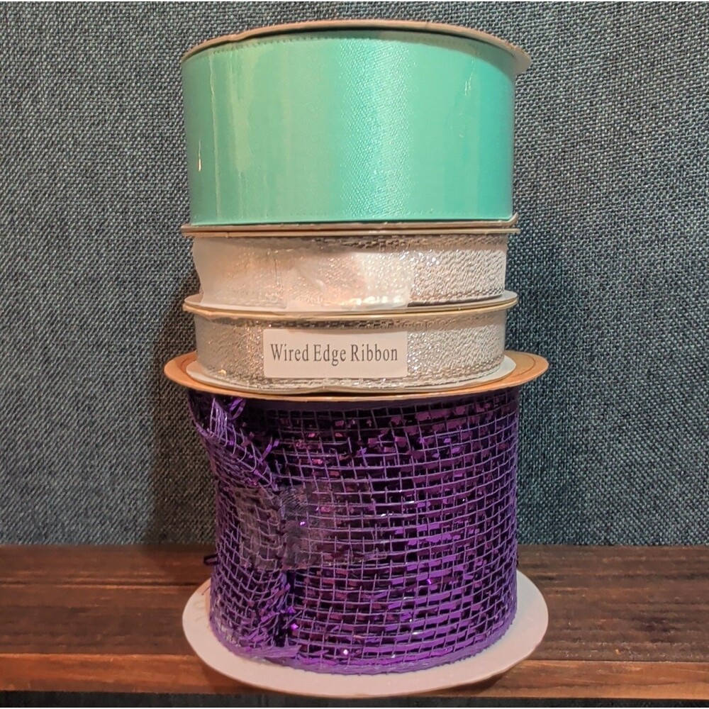 Robert Stanley Ribbon Lot 4 Purple Teal Silver Mesh Wired Craft Destash